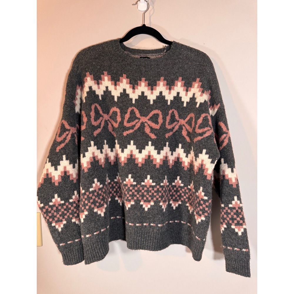 Beverly and Beck Bow Fair Isle Sweater Grey Pink Coquette Knit S/M